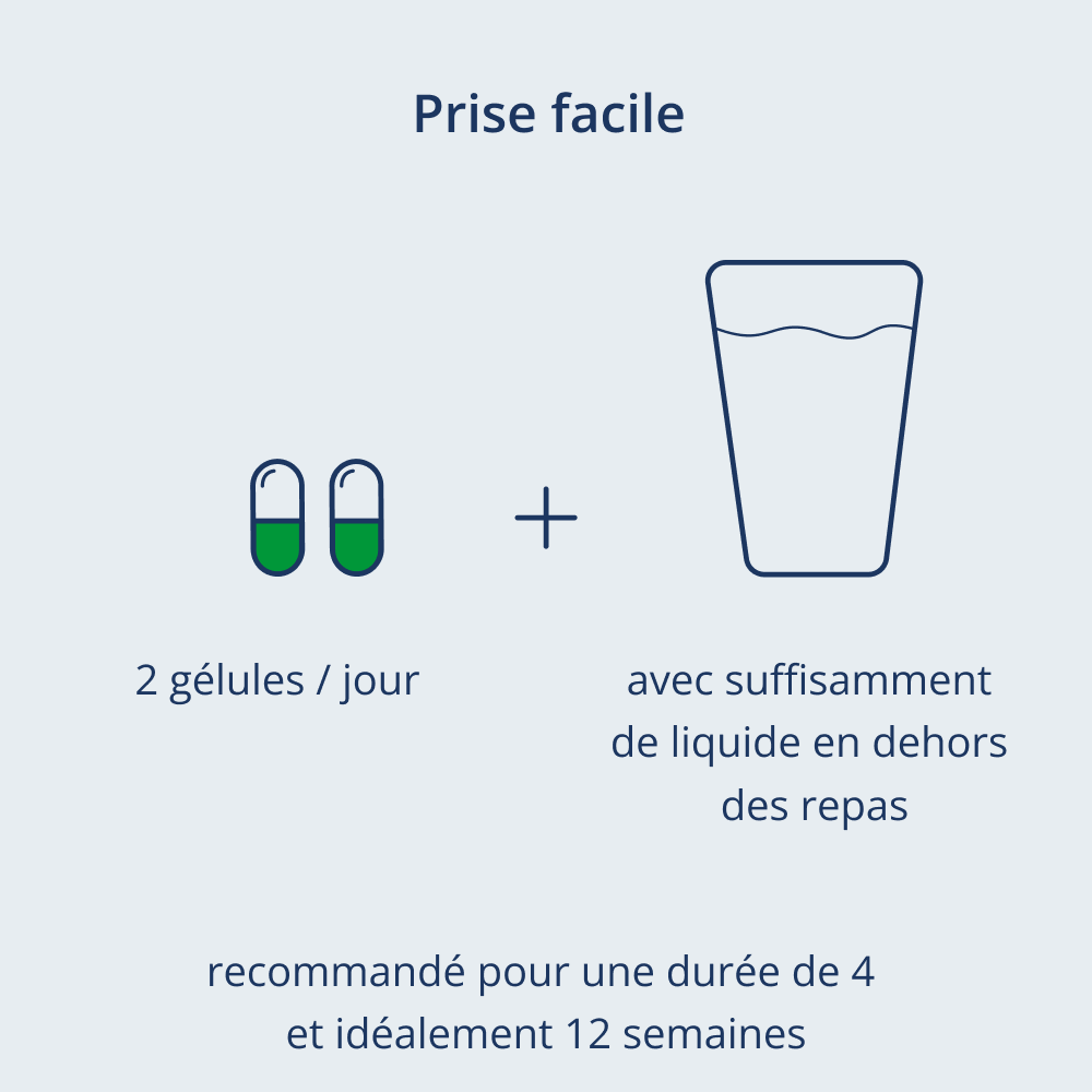 Une photo: Schéma de deux gélules et d’un verre rempli de liquide