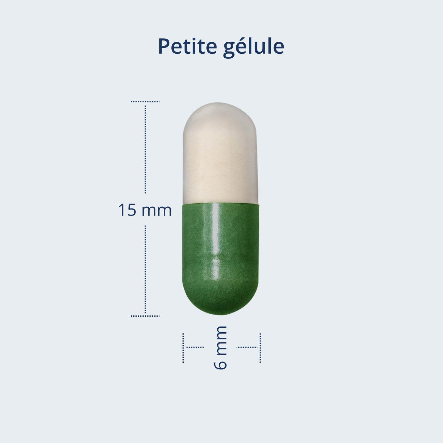 Une photo: Une petite gélule de 15 mm par 6 mm