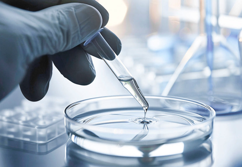 Une main gantée portant une pipette dans laquelle se trouve une substance liquide tombant goutte à goutte dans une boîte de Pétri